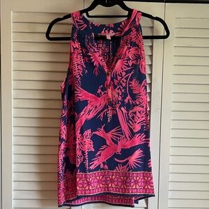 Lilly Pulitzer Navy Tank with Bright Pink Tropical Bird Print